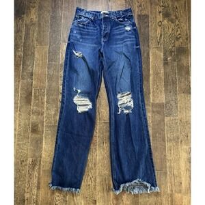 Kancan Jeans Womens 7/27 Juniors Bootcut Raw Hem Distressed Blue Denim Buttonfly